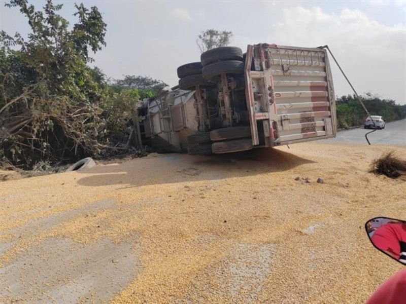 Vuelca tráiler cargado de semillas en el kilómetro 13 5