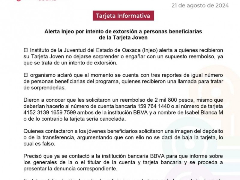 Alerta por intento de extorsión a beneficiarios de Tarjeta Joven