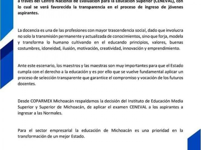 Coparmex apoya realización de examen Ceneval en Normales michoacanas