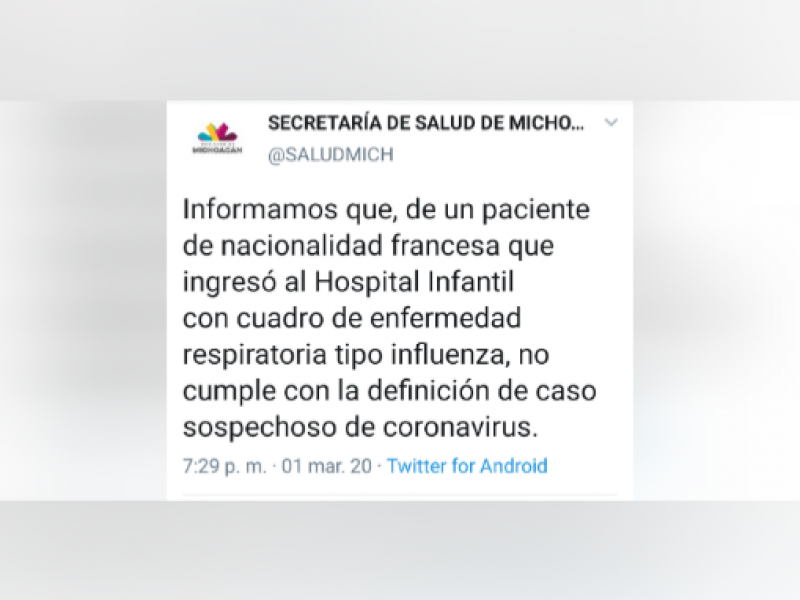 Descartan caso sospecho de Coronavirus en Michoacán