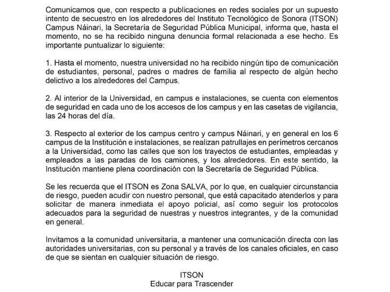 ITSON responde ante presuntos intentos de secuestro