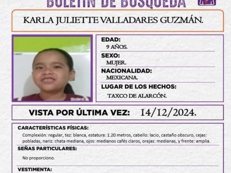 Reportan a niña desaparecida en Taxco