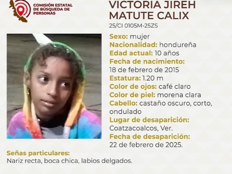 Reportan niña hondureña desaparecida en Coatzacoalcos