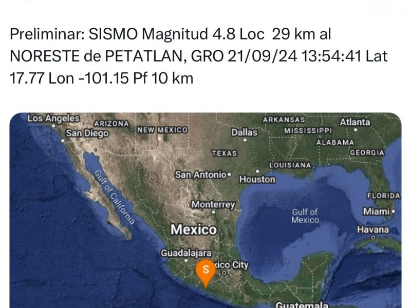 Sismo de 4.8 con epicentro en Petatlán sacude a Guerrero