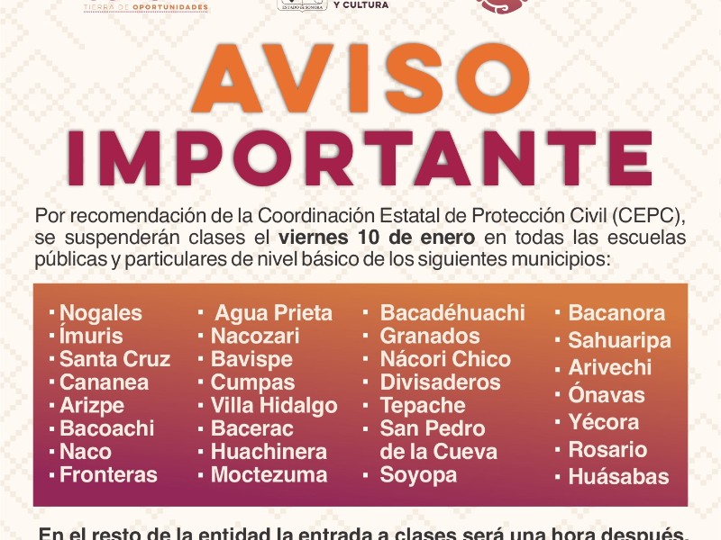 Suspenden las clases este viernes en 30 municipios